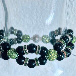 New Green Bling & Black Glass Beads Magnetic Rhinestone Bracelet Handmade